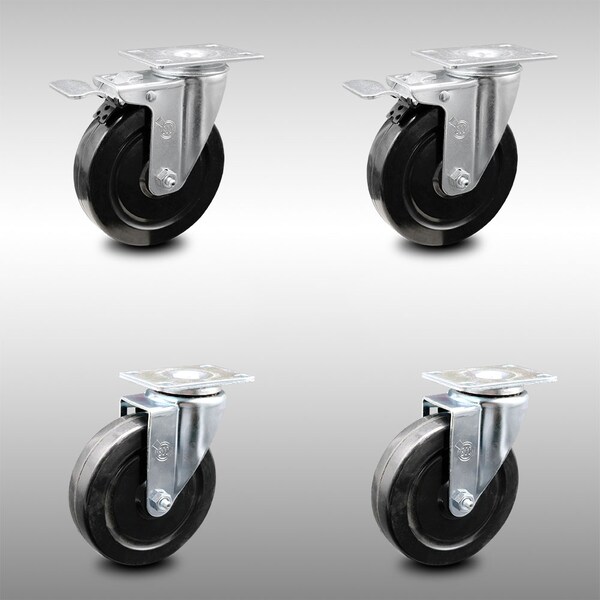 5 Inch SS Hard Rubber Wheel Swivel Top Plate Caster Total Lock Brakes SCC, 2PK